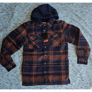 LegendaryWhitetailsMensMaplewoodHoodedFlannel Shirt JacketPlaidNavyOrange SizeML